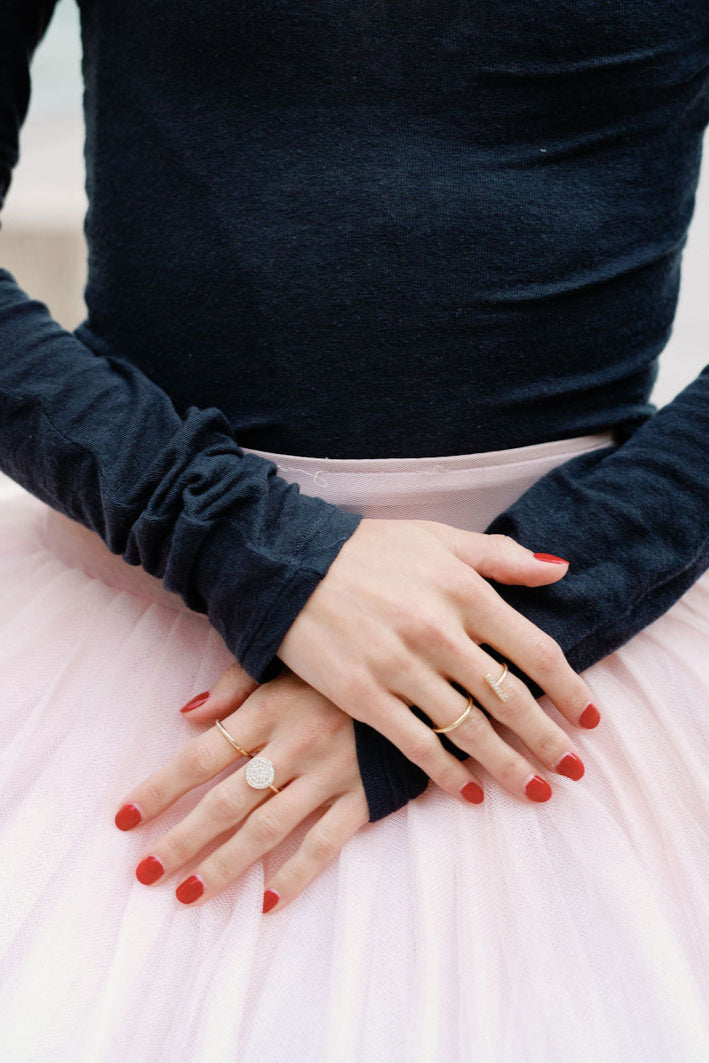 Scarlett Ring – 14k gold two-finger ring with pavé diamonds and sculptural silhouette