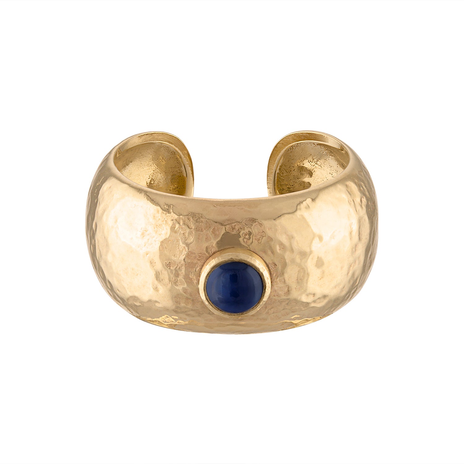 RANI Cuff Ring with Sapphire – open 14k gold ring with hammered finish and bezel-set cabochon sapphire