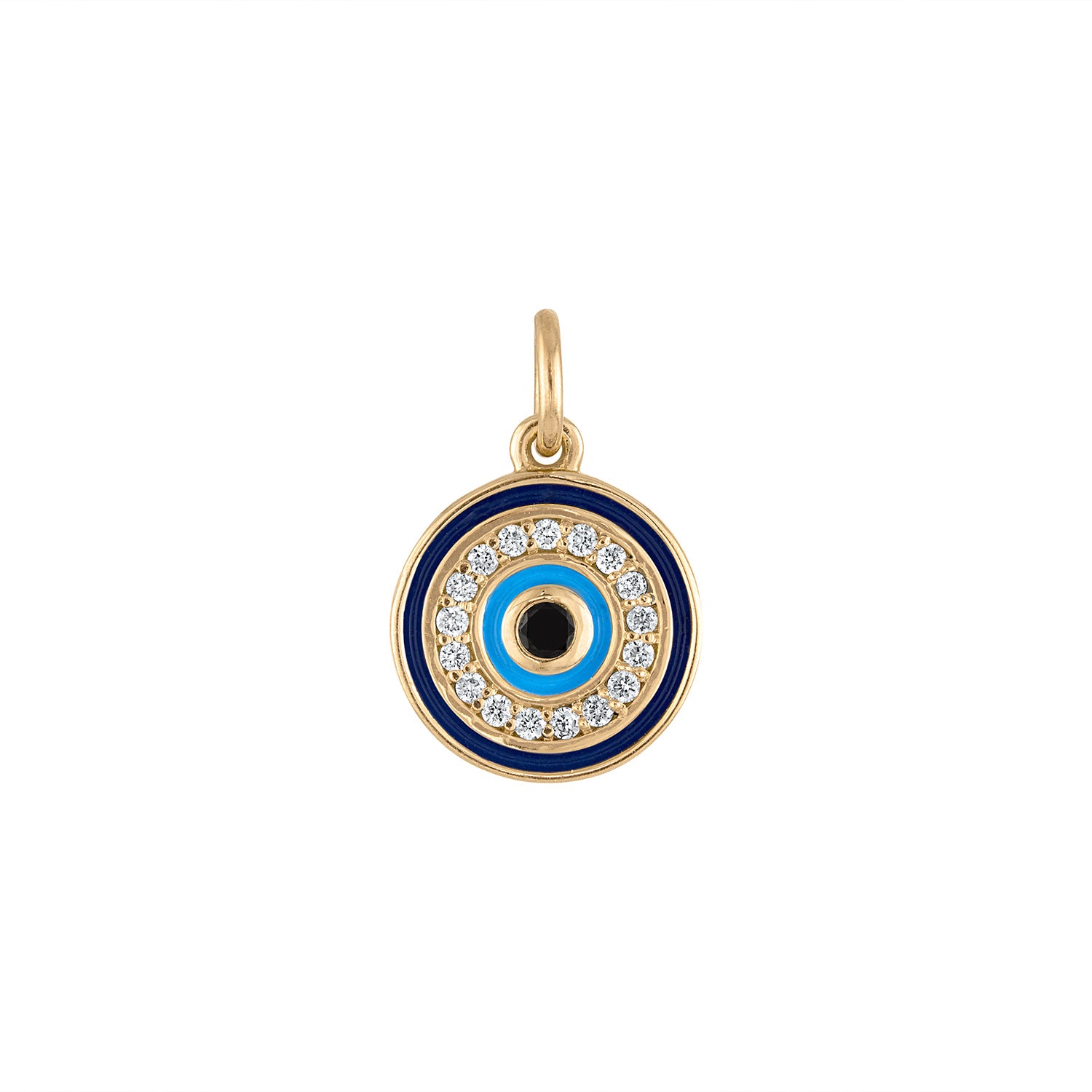 Evil Eye Pendant – 14k gold with black and white diamonds and blue enamel accents