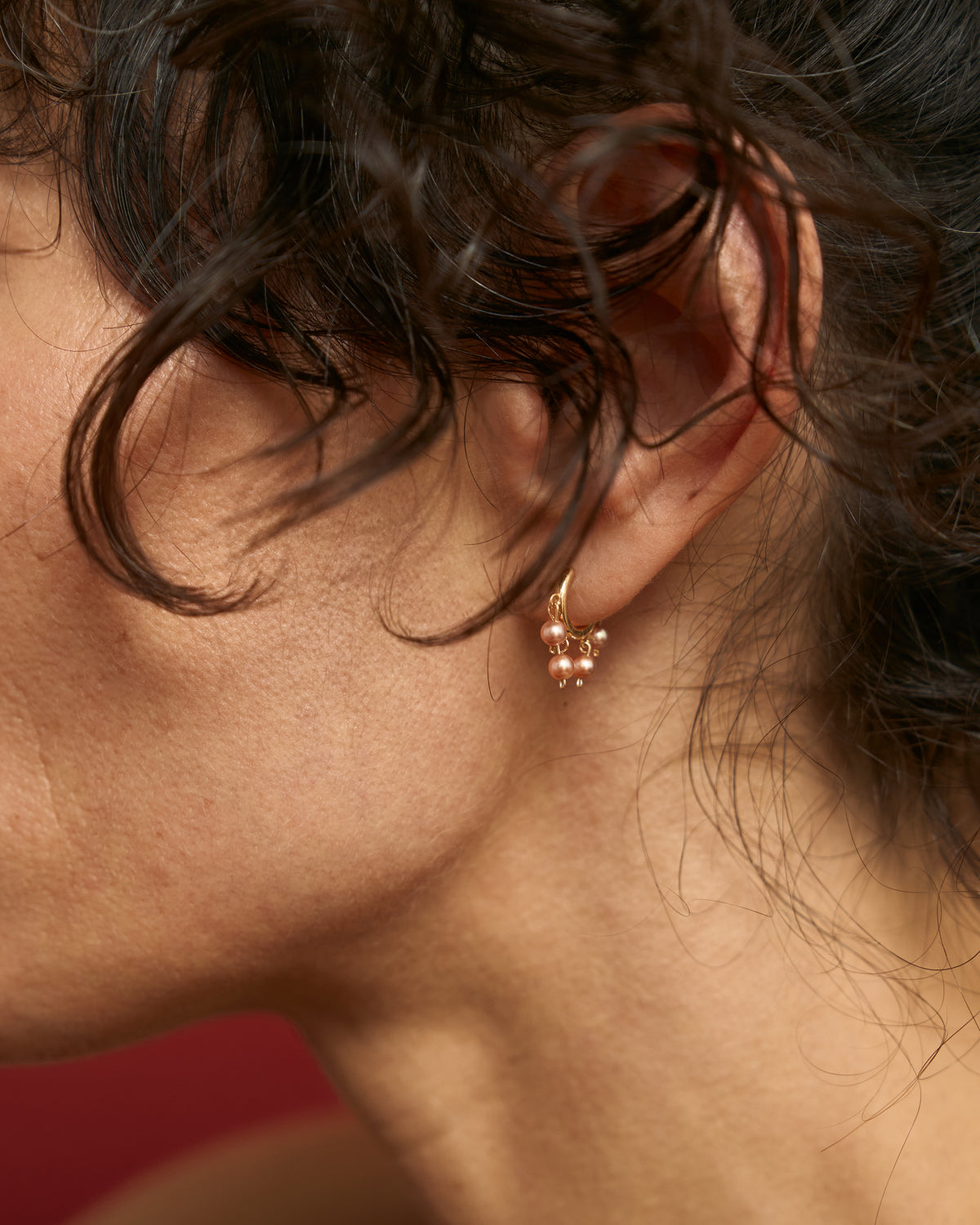 Malar Jhumka Hoops worn: pink pearl jhumka huggie earring in 14k gold