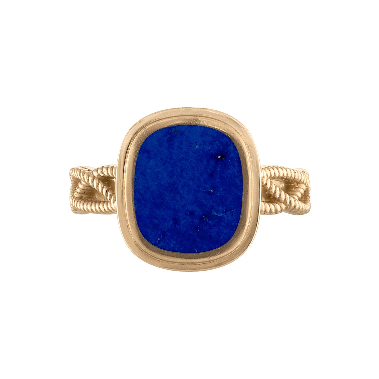 KĀLA Ring in 14k solid yellow gold with flat-set lapis stone and braided band