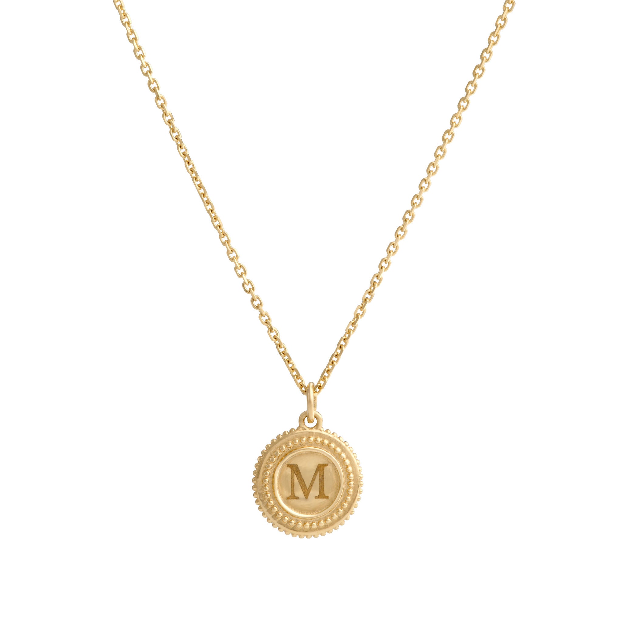 Mini Coin Charm Pendant in solid 14k gold – engravable necklace with optional 16 inch cable chain