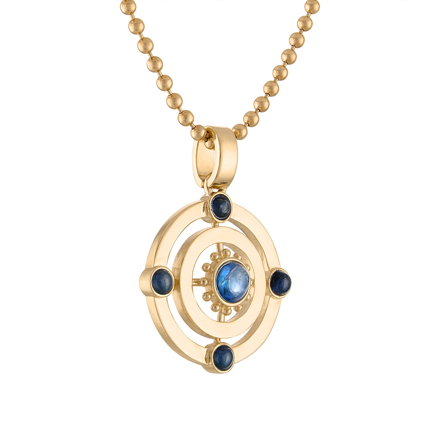 Beaded gold necklace with sapphire pendant