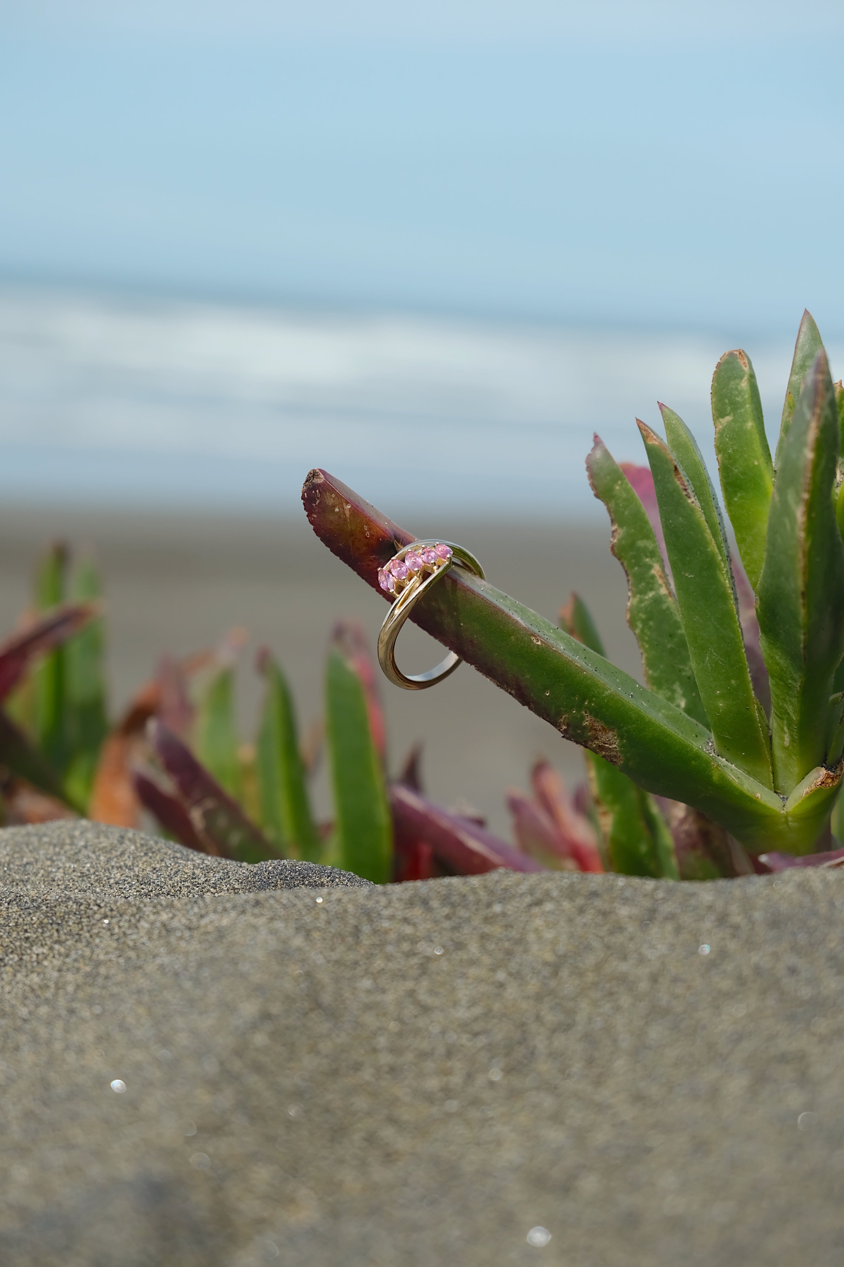 Wave Ring – marquise pink tourmaline stones set in 14k gold band with flowing, wave-inspired design